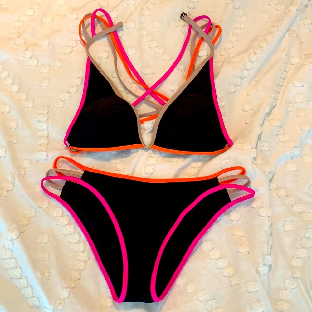 Victoria Secret Small 2 Piece Bikini. Black, Pink, Orange